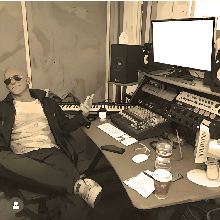 Max at his studio desk, guitar across his lap, surrounded by keyboards, monitors and too many coffee cups